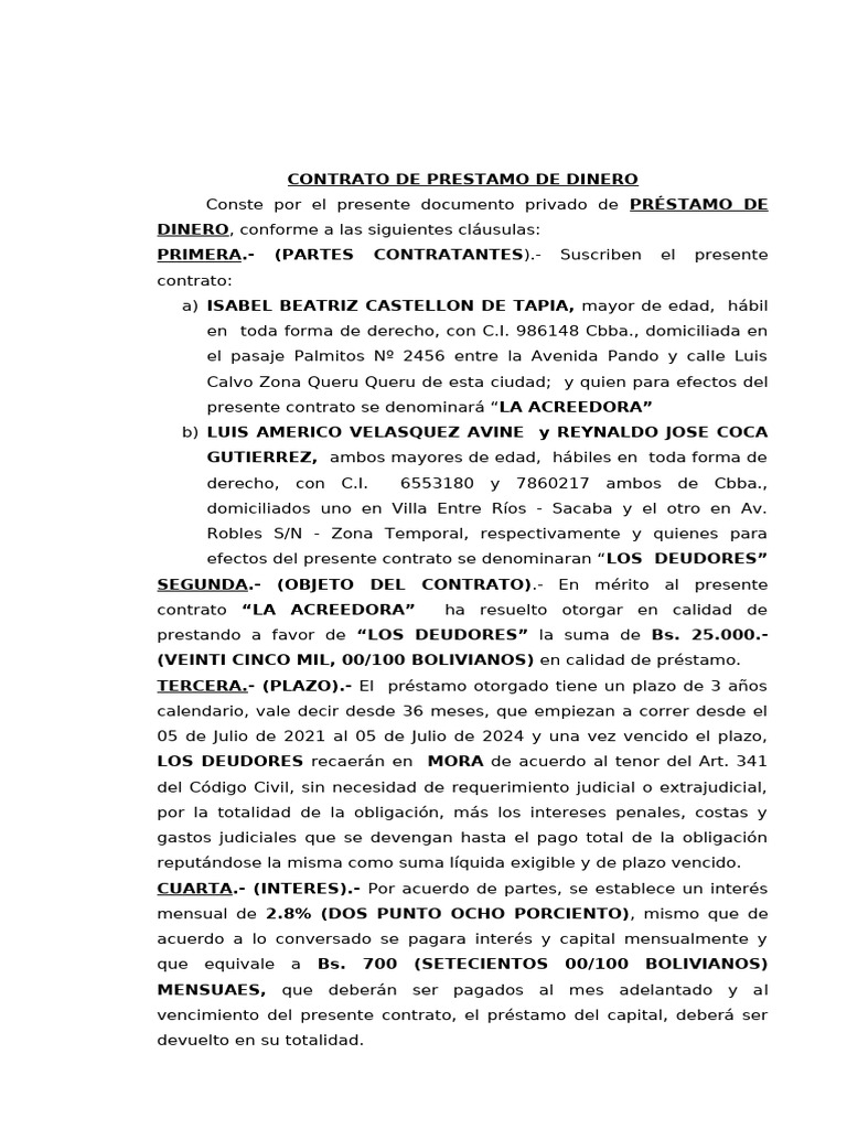 Contrato de Prestamo de Dinero | PDF | Pagos | Derecho empresarial