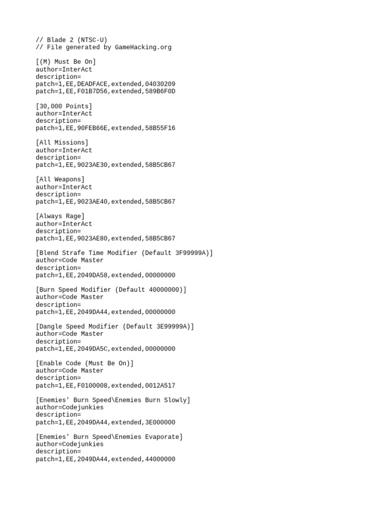 Blade 2 NTSC-U Cheat Codes Guide | PDF