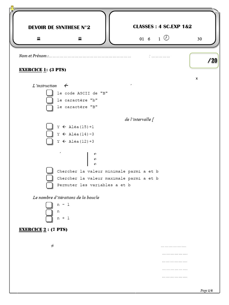 Classes: 4 SC - Exp 1&2 Devoir de Synthese N°2: Exercice 1: (3 Pts | PDF