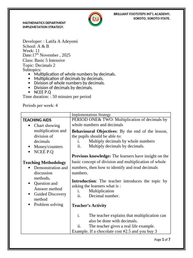Decimals Multiplication & Division Lesson Plan | PDF | Division ...