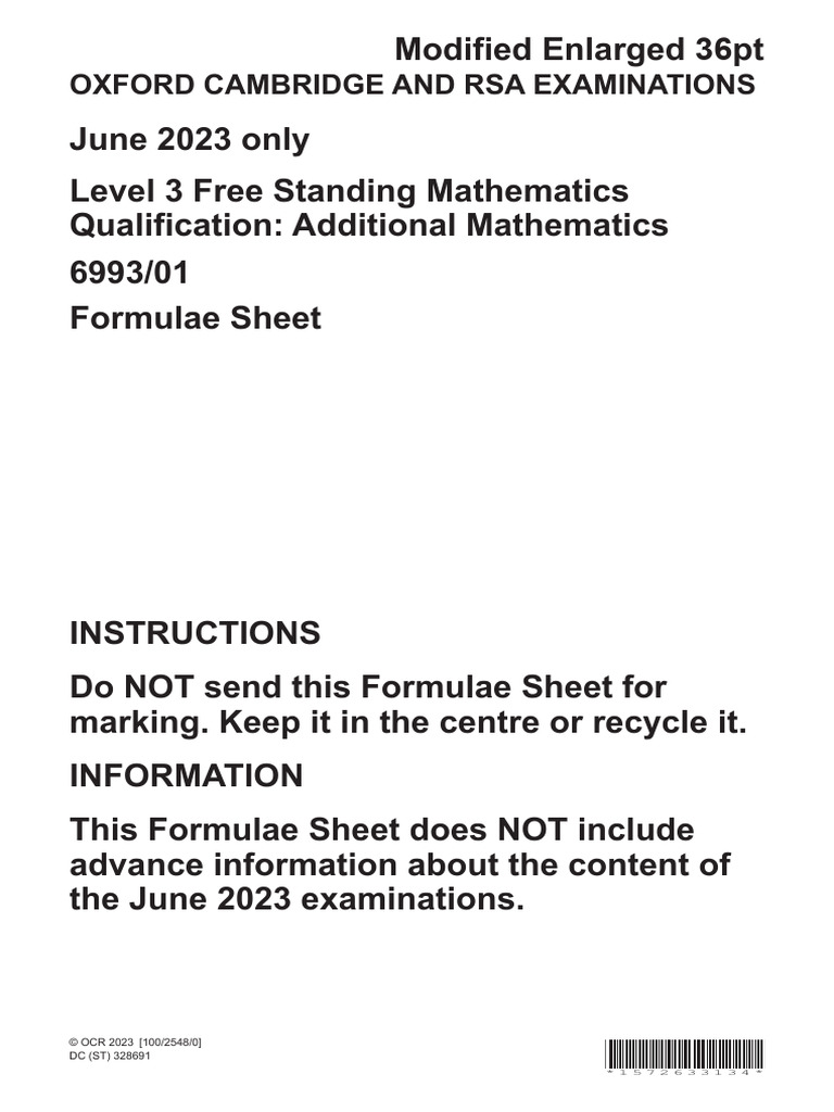 2023 Additional Mathematics Formulae Sheet | PDF | Area | Circle