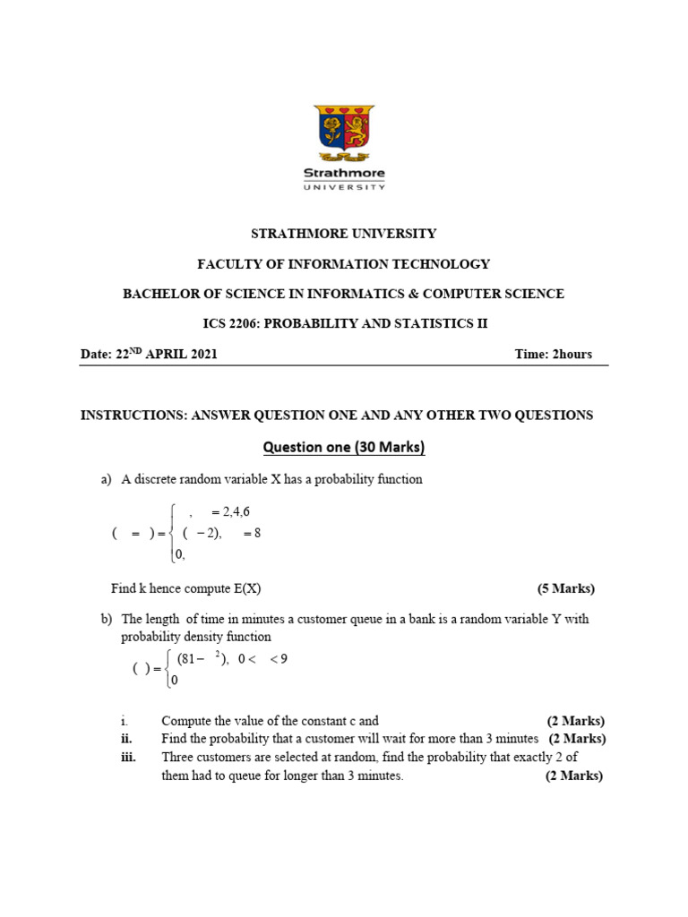 Probability and Statistics Exam Questions | PDF | Probability Density ...