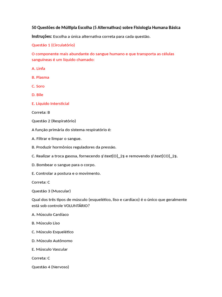 50 Questões de Fisiologia Humana Básica | PDF | Sistema circulatório ...