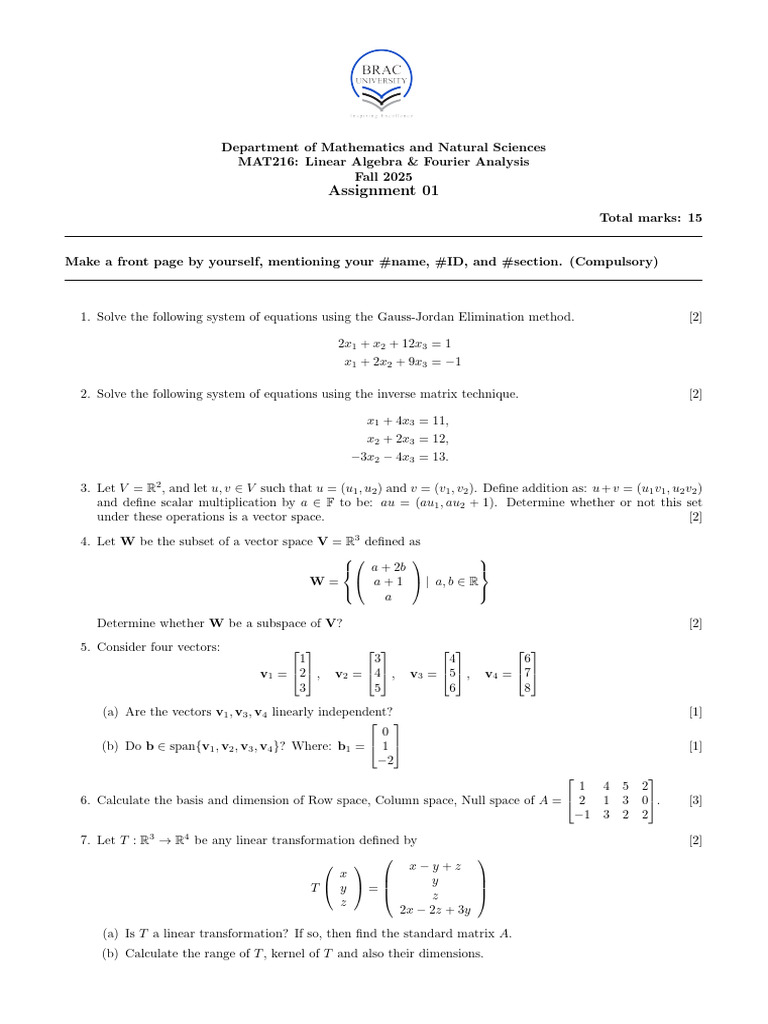 Assignment 01 MAT216 Fall 25 (1) | PDF | Linear Map | Vector Space
