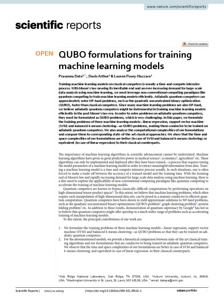 (Date Et Al. 2021) QUBO Formulations For Training ML Models | PDF ...