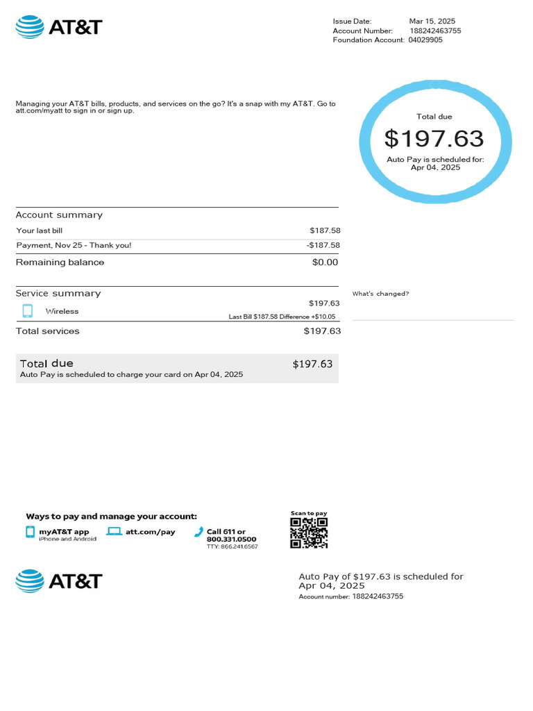 AT&T Auto Pay Schedule and Bill Summary | PDF