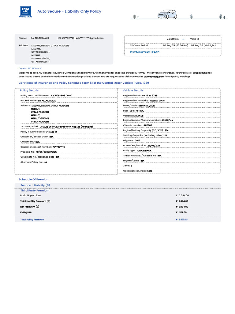 Auto Secure - Liability Only Policy | PDF | Insurance | Receipt