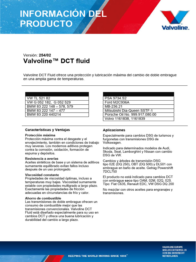 Aceite DCT Valvoline para Transmisiones DSG | PDF | Lubricante | Petróleo