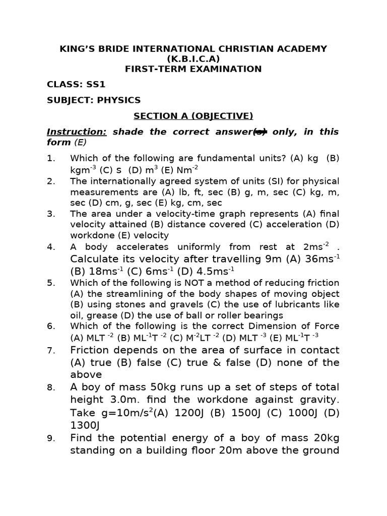 SS1 Physics First-Term Exam Questions | PDF | Velocity | Acceleration