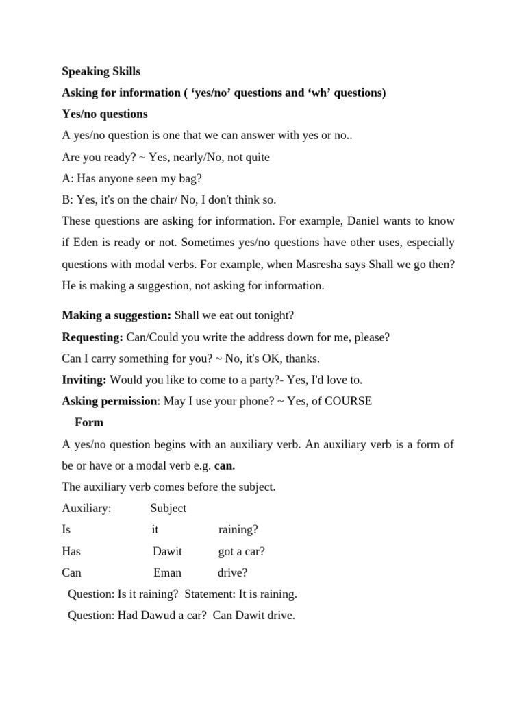 Speaking Skills | PDF | Verb | Question