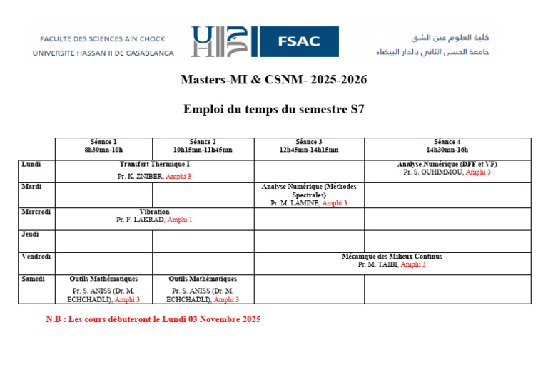 Emploi du temps S7 Masters-MI & CSNM 2025 | PDF