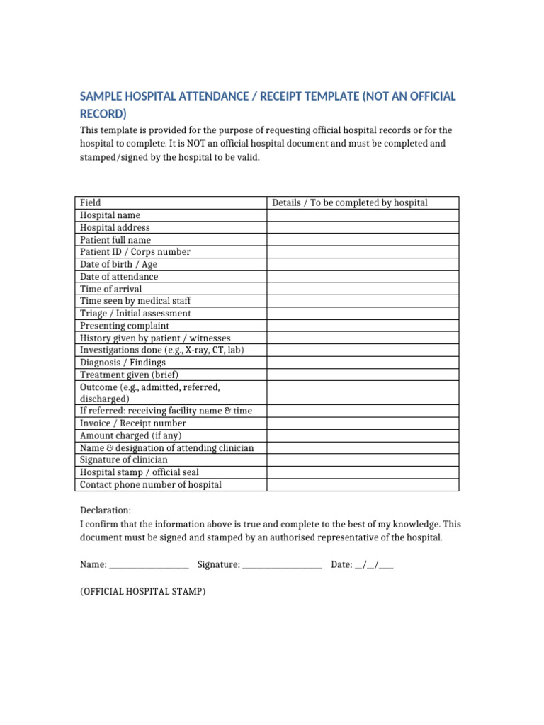 Hospital Attendance Receipt Template | PDF