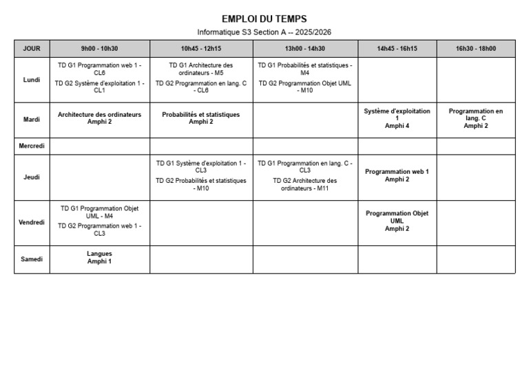 Emploi du temps Informatique S3 2025-2026 | PDF | Informatique ...