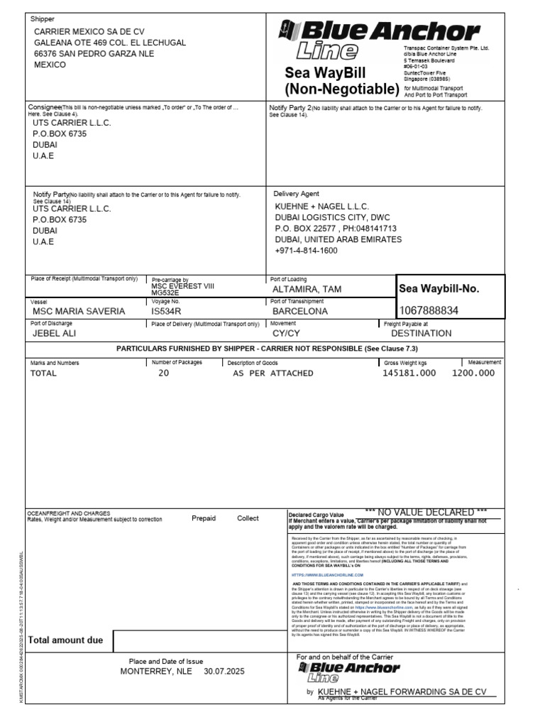 Sea Waybill for Air Conditioners Shipment | PDF | Cargo | Consignee