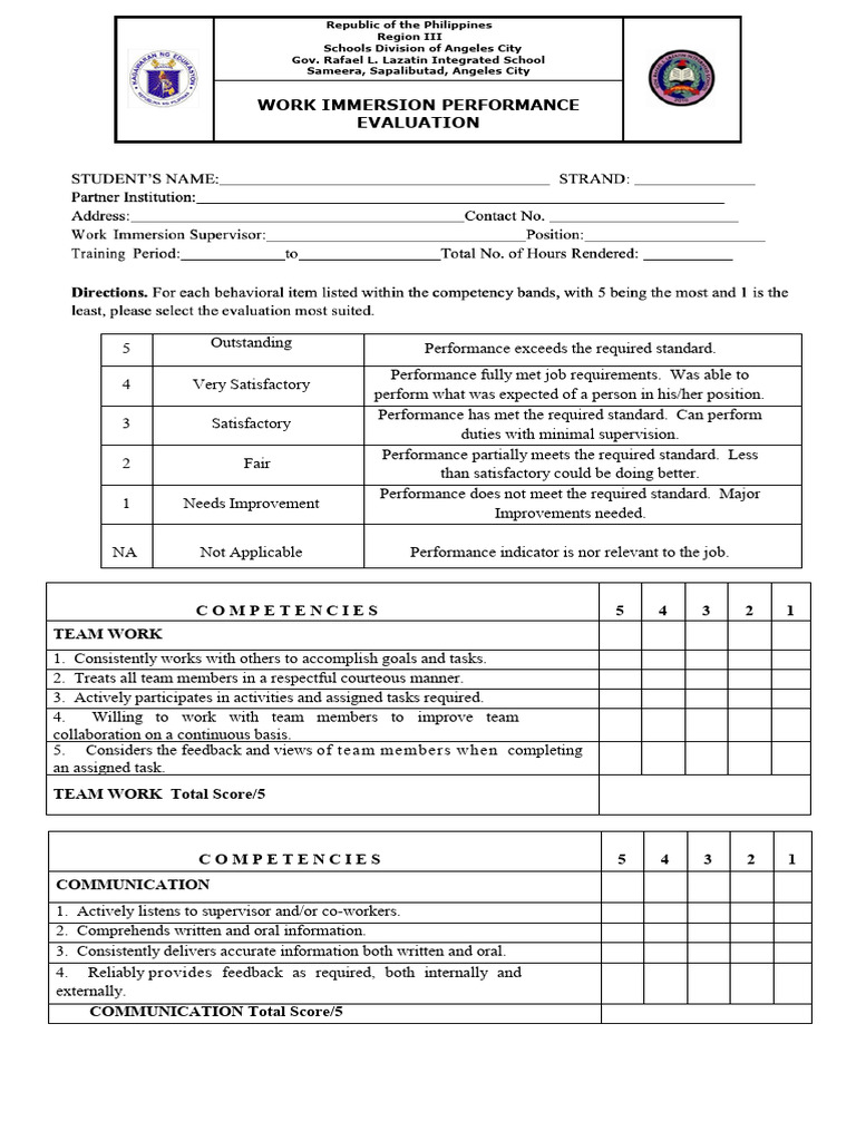 Work Immersion Evaluation | PDF | Judgment (Law) | Business