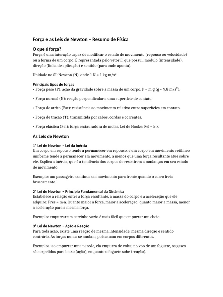 Forças e Leis de Newton em Física | PDF | Força | Leis do Movimento de ...