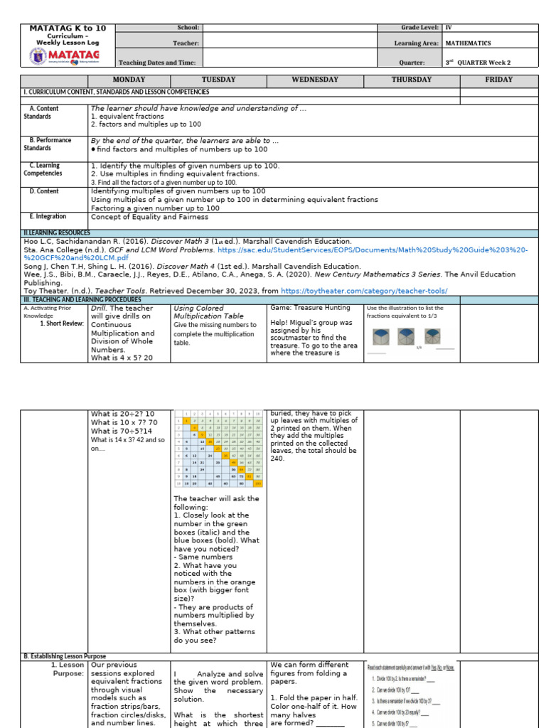 K to 10 Math Weekly Lesson Plan | PDF | Multiplication | Arithmetic