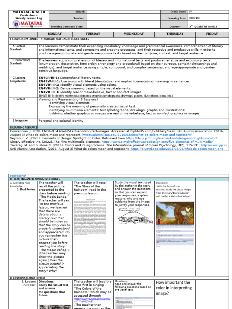 K-10 English Weekly Lesson Plan | PDF | Graphics | Reading Comprehension