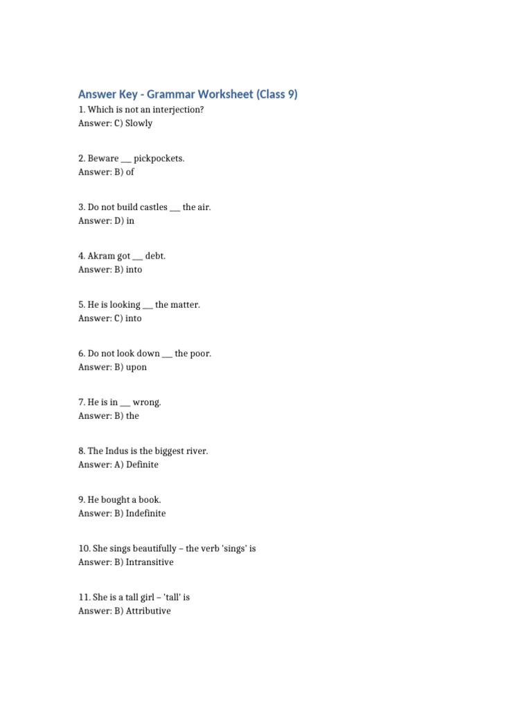 Class 9 Grammar Worksheet Answer Key | PDF | Cognition | Cognitive Science