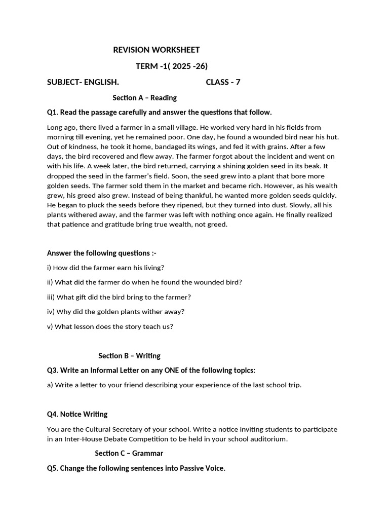 Class 7 Updated Revision Worksheet | PDF