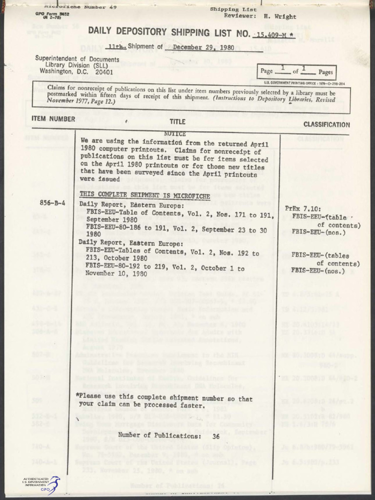 Daily Depository Shipping List 15,409-M | PDF | United States ...