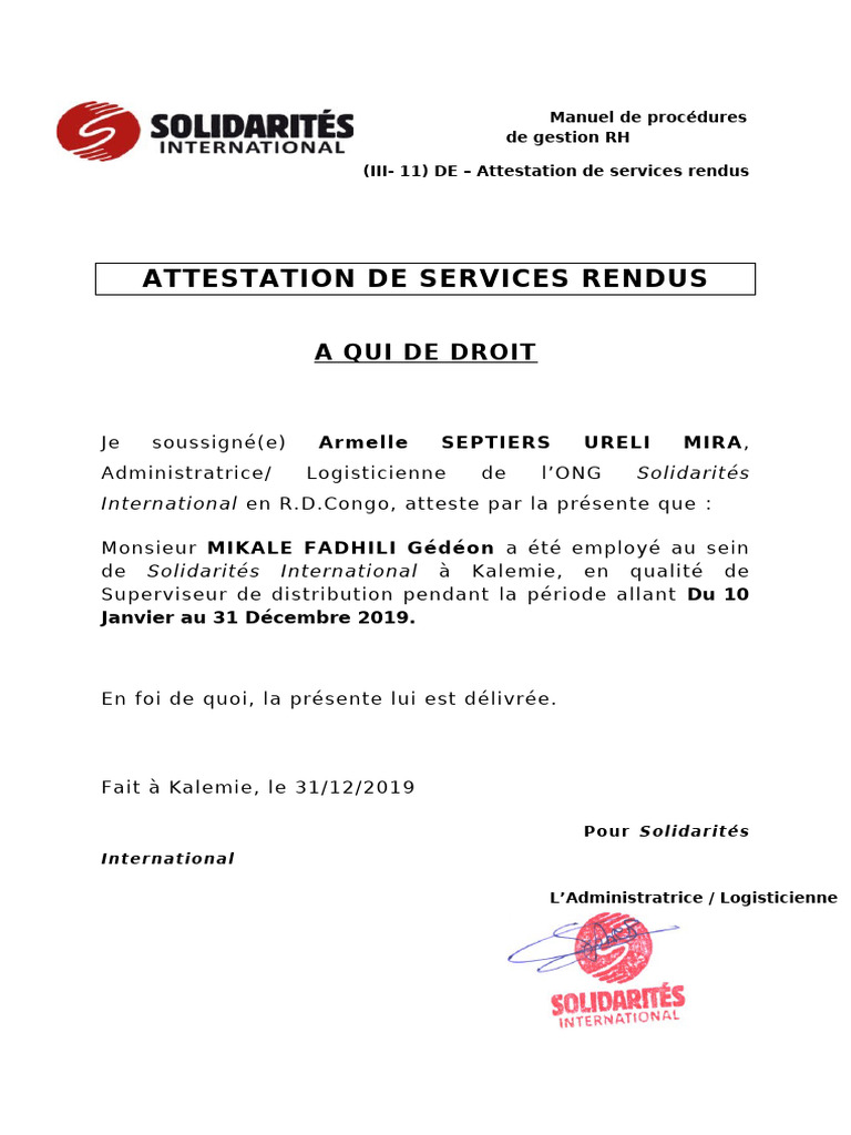 Attestation de services rendus 2019 | PDF
