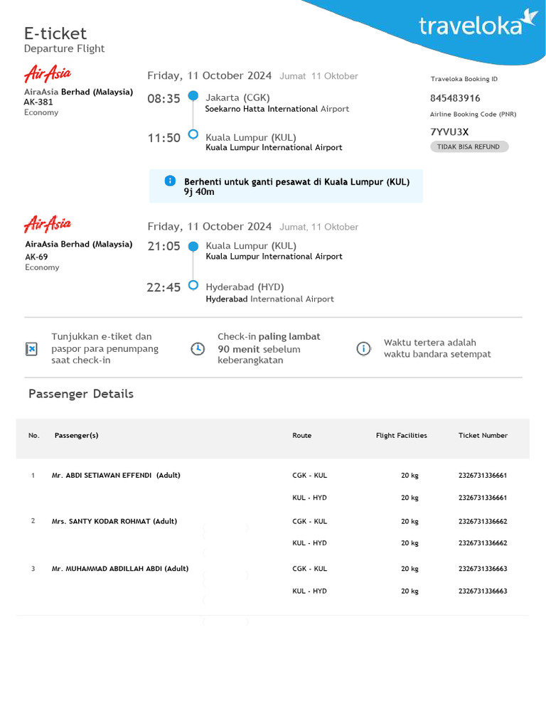 E-Tiket Penerbangan Jakarta-Kuala Lumpur-Hyderabad | PDF
