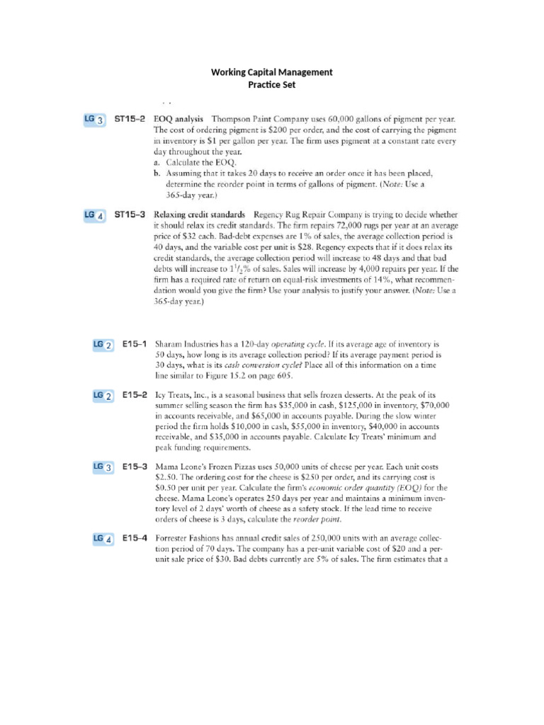 Working Capital Management Practice Set | PDF