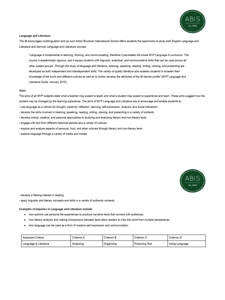 MYP Language and Literature Overview | PDF | Linguistics | Narration