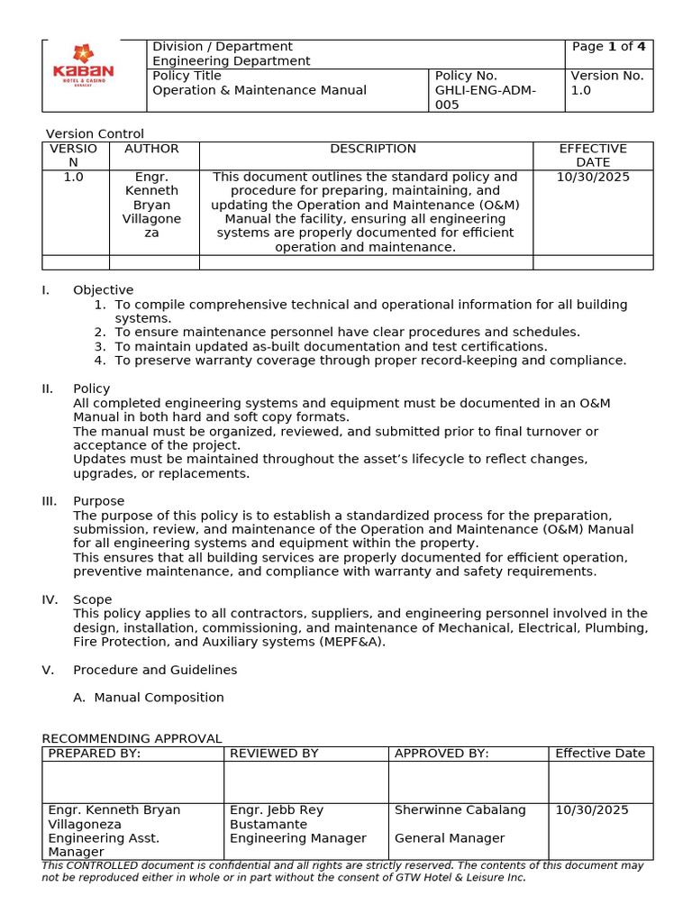 O&M Manual Policy for Engineering Systems | PDF