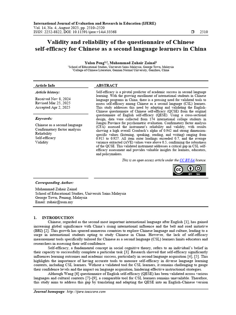 Validity and Reliability of The Questionnaire of Chinese Self-Efficacy ...
