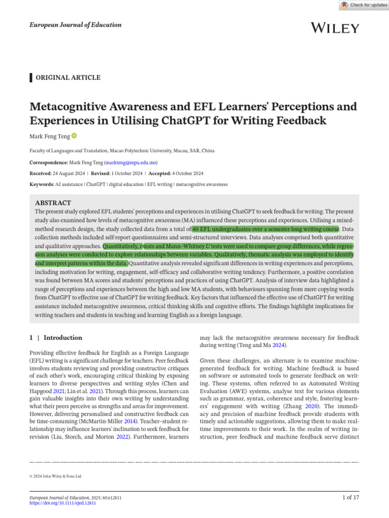 EFL Learners' Views on ChatGPT Feedback | PDF | Metacognition | English ...