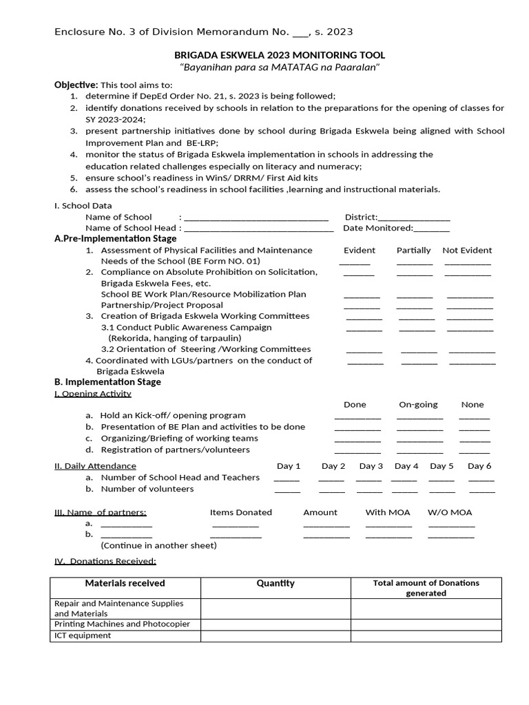 Brigada Eskwela 2023 Monitoring Tool | PDF | Emergency Evacuation