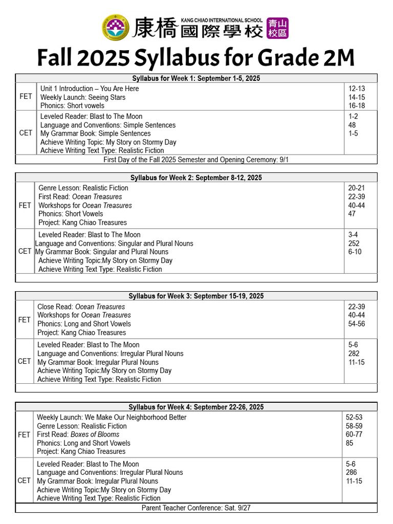 Fall 2025 Syllabus Grade 2M | PDF | Phonics | Plural