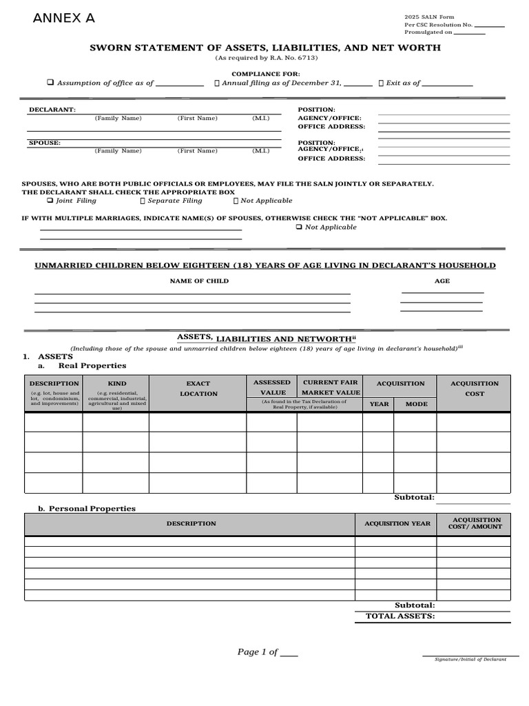 2025 SALN Form for Public Officials | PDF | Lieutenant | Inspector