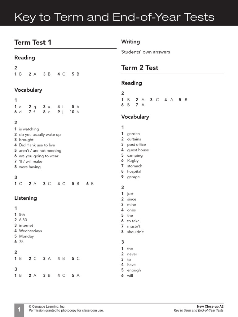 New Close-up A2 Test Key Guide | PDF