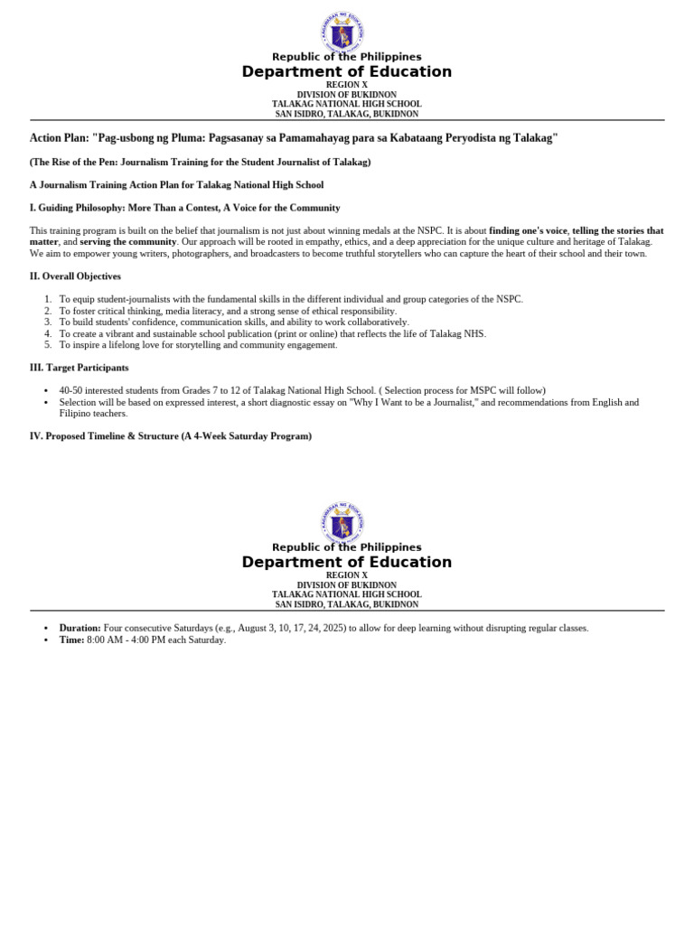 Journalism Training Action Plan for Talakag | PDF | Journalism | Human ...