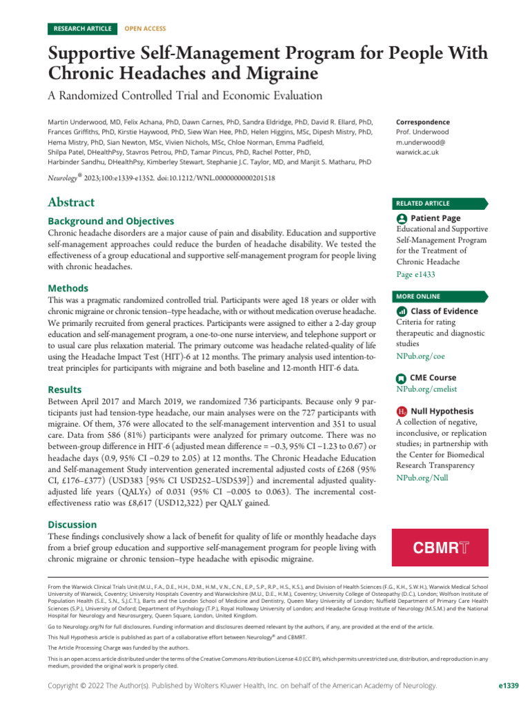 Self-Management for Chronic Headaches | PDF | Headache | Migraine