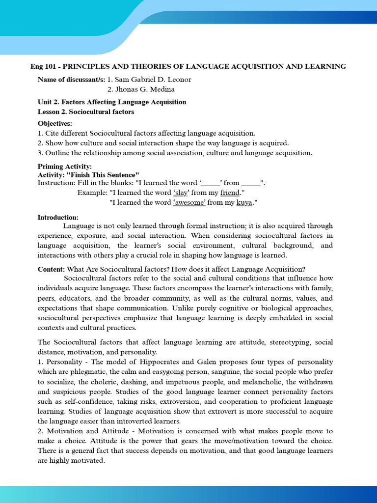 Sociocultural Factors in Language Learning | PDF | Language Acquisition ...