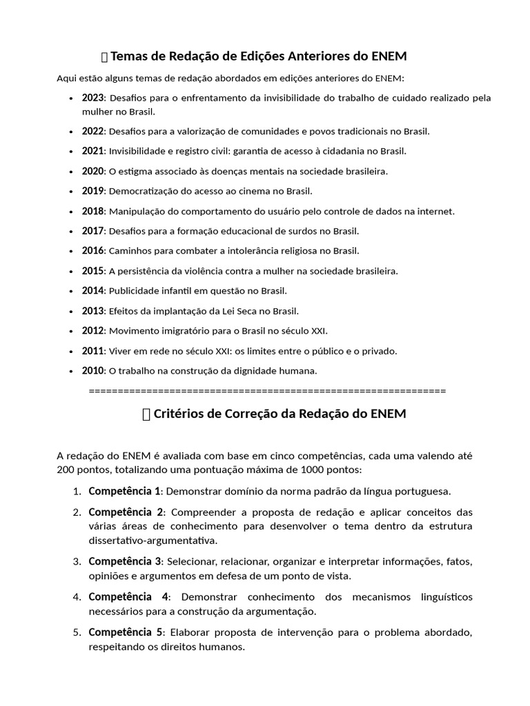 Temas de Redação do ENEM por Ano | PDF | Brasil