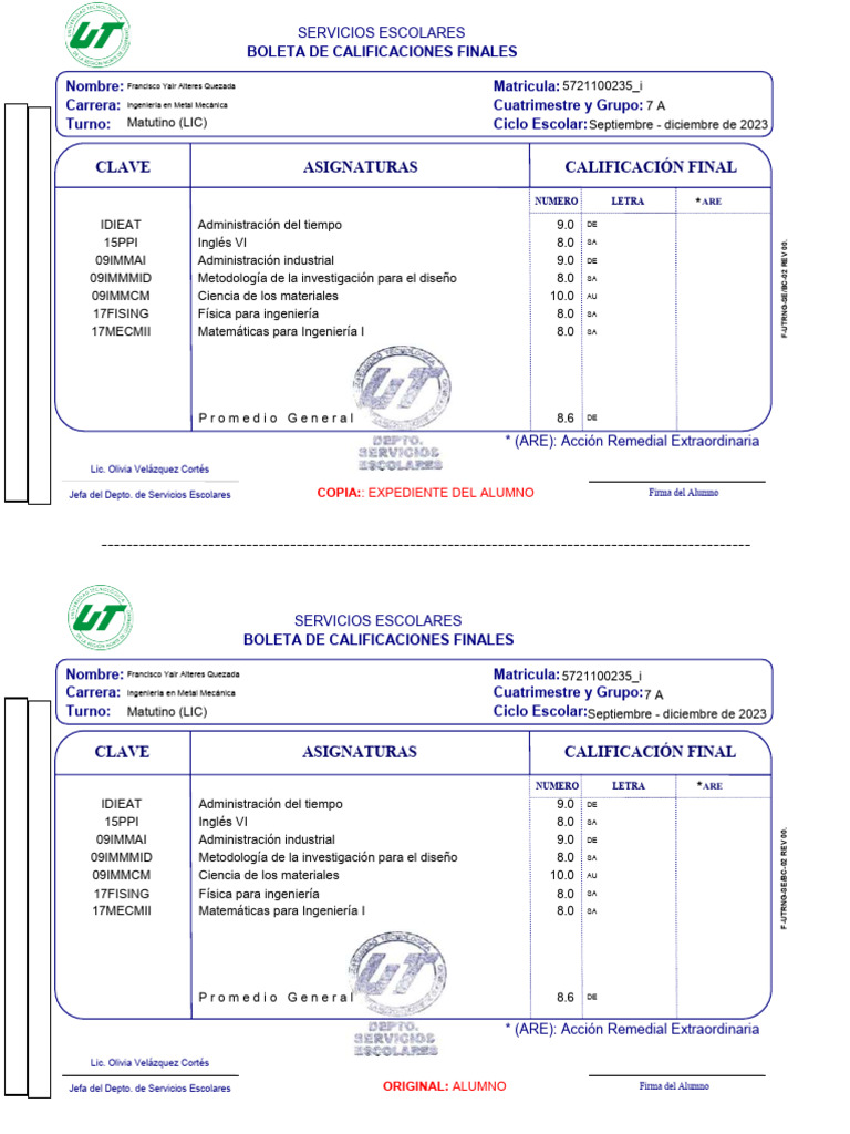 Boleta de Calificaciones Finales 2023 | PDF | Ingeniería | Science