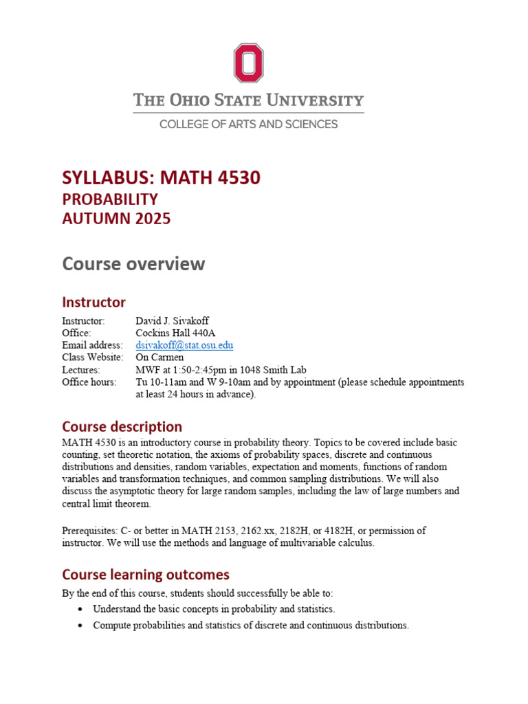 MATH 4530 - Course Syllabus Autumn 2025 | PDF | Probability ...