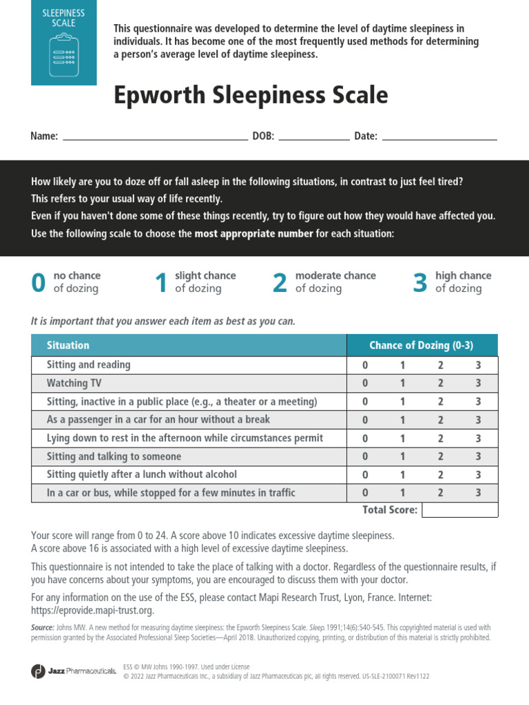 Epworth Sleepiness Scale Questionnaire | PDF | Animal Physiology | Sleep