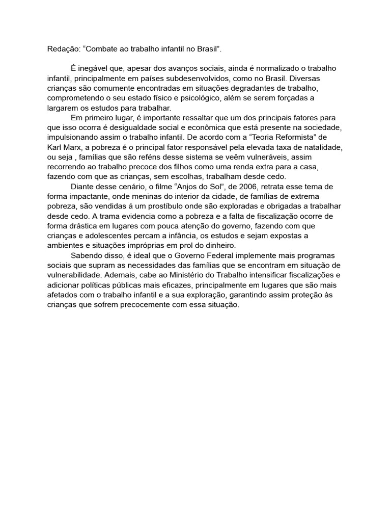 Redação_ “Combate Ao Trabalho Infantil No Brasil” | PDF