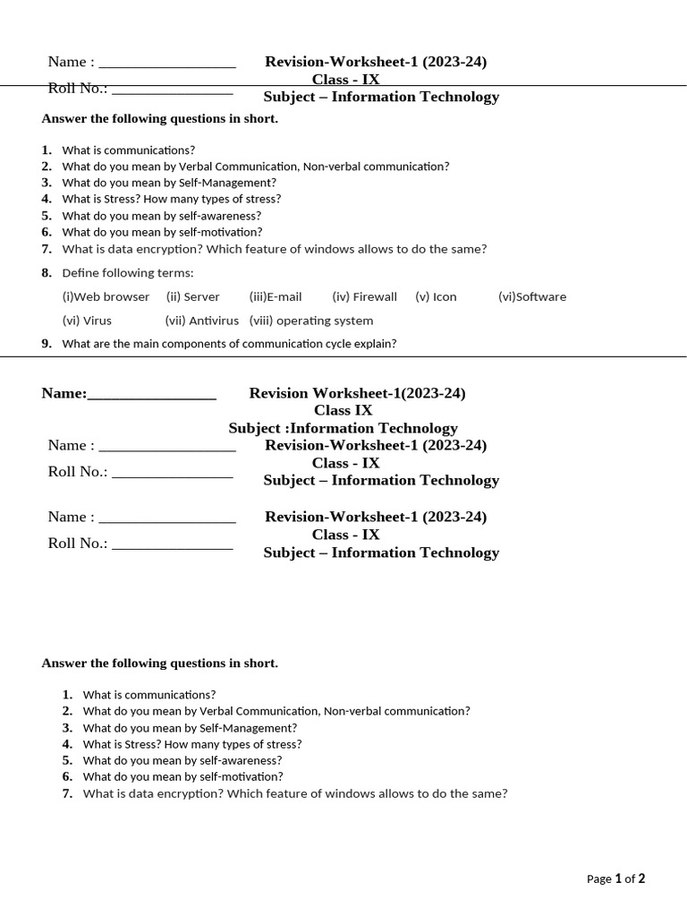 Class IX IT Revision Worksheet 2023-24 | PDF