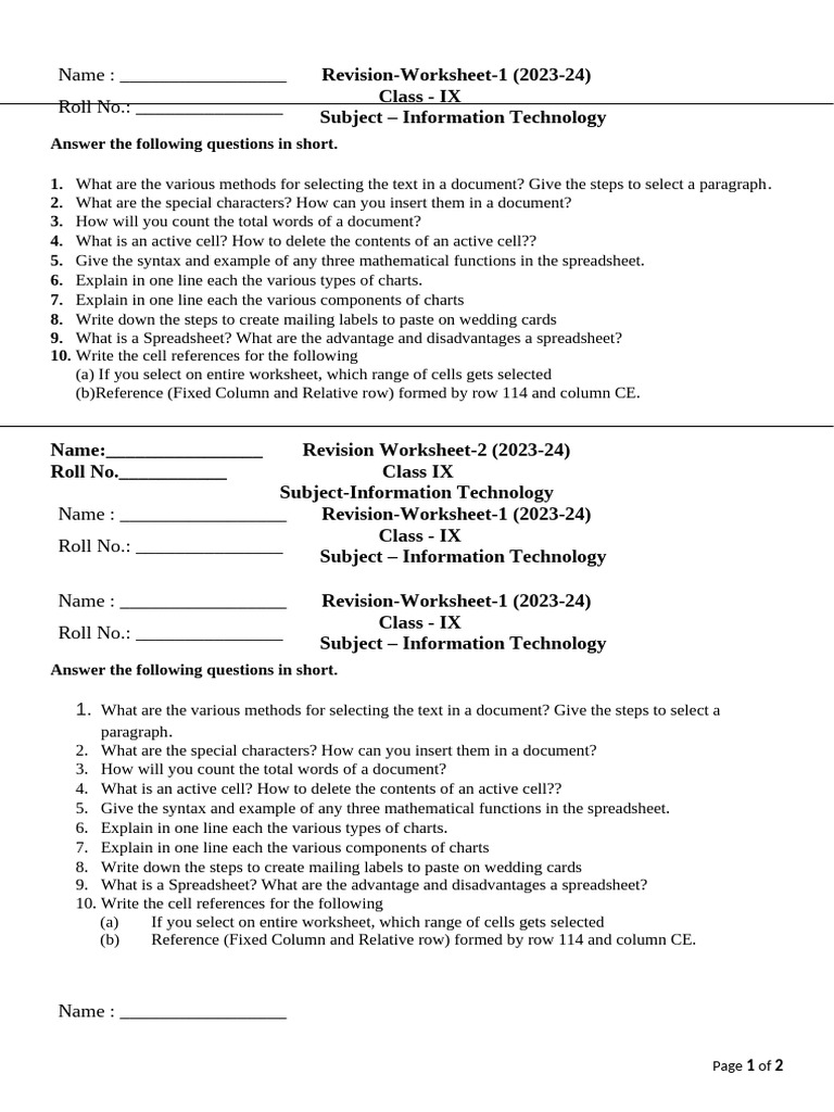 Class IX IT Revision Worksheet 2023-24 | PDF | Spreadsheet | Worksheet