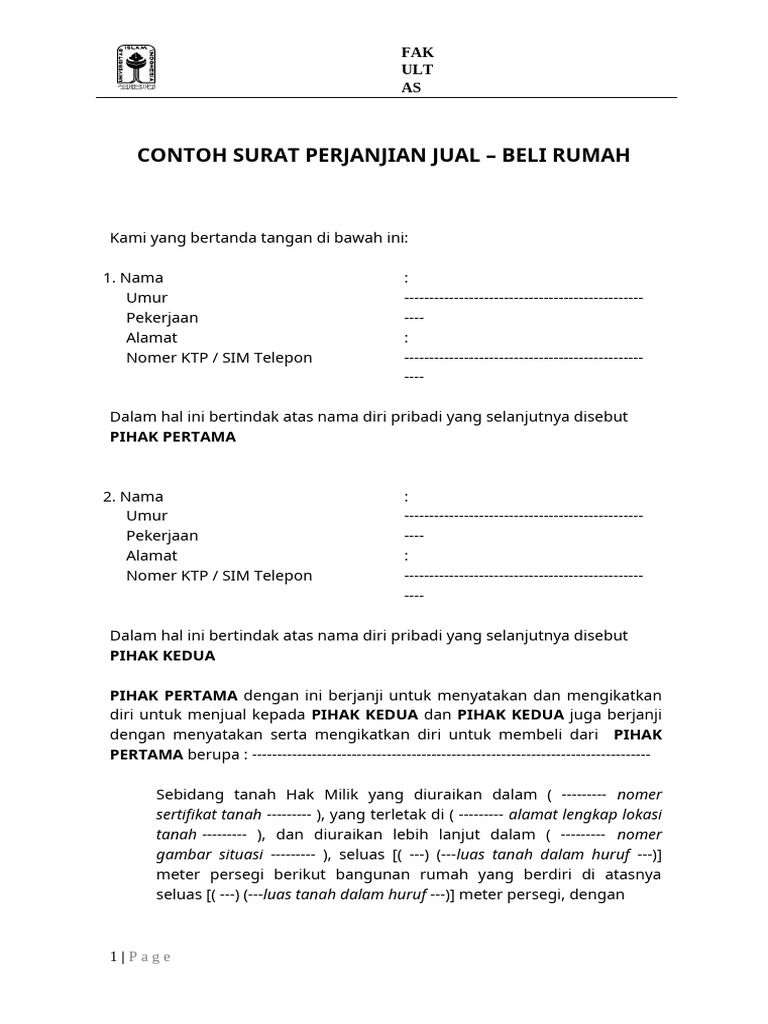 Contoh Surat Perjanjian Jual Beli Rumah | PDF