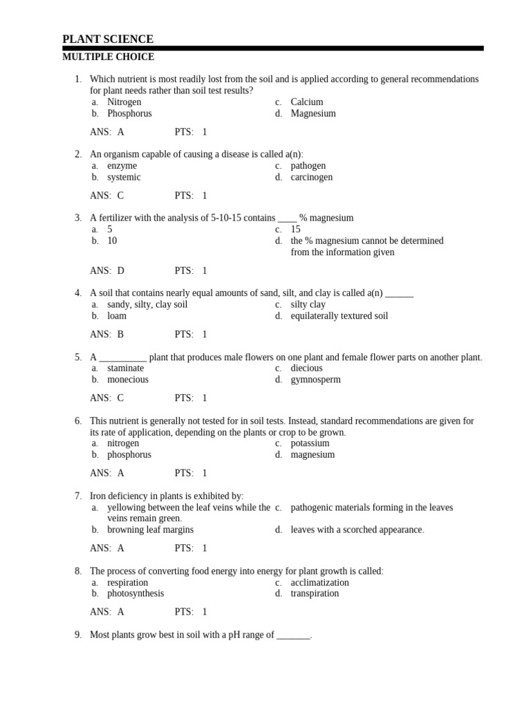 Plant Science Multiple Choice Questions | PDF | Root | Soil