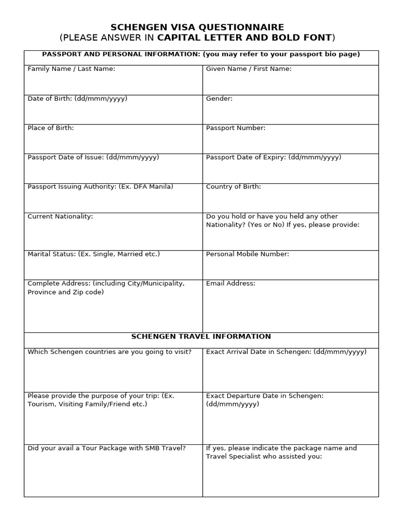 Schengen Visa Questionnaire | PDF | Passport