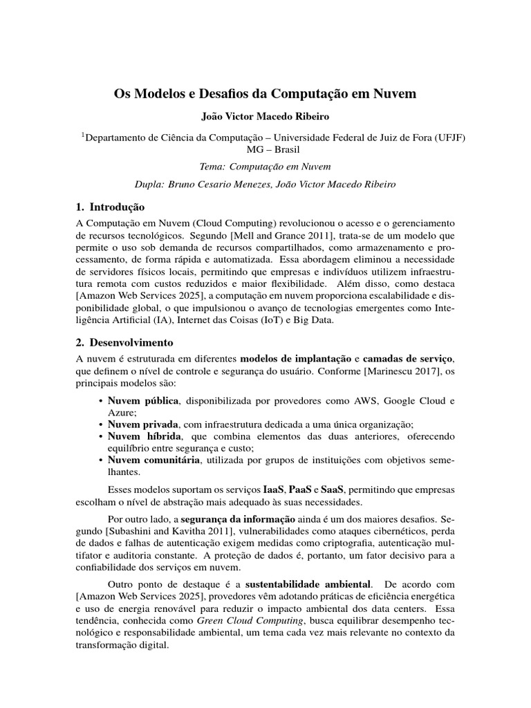 Modelos e Desafios da Computação em Nuvem | PDF | Computação em nuvem ...